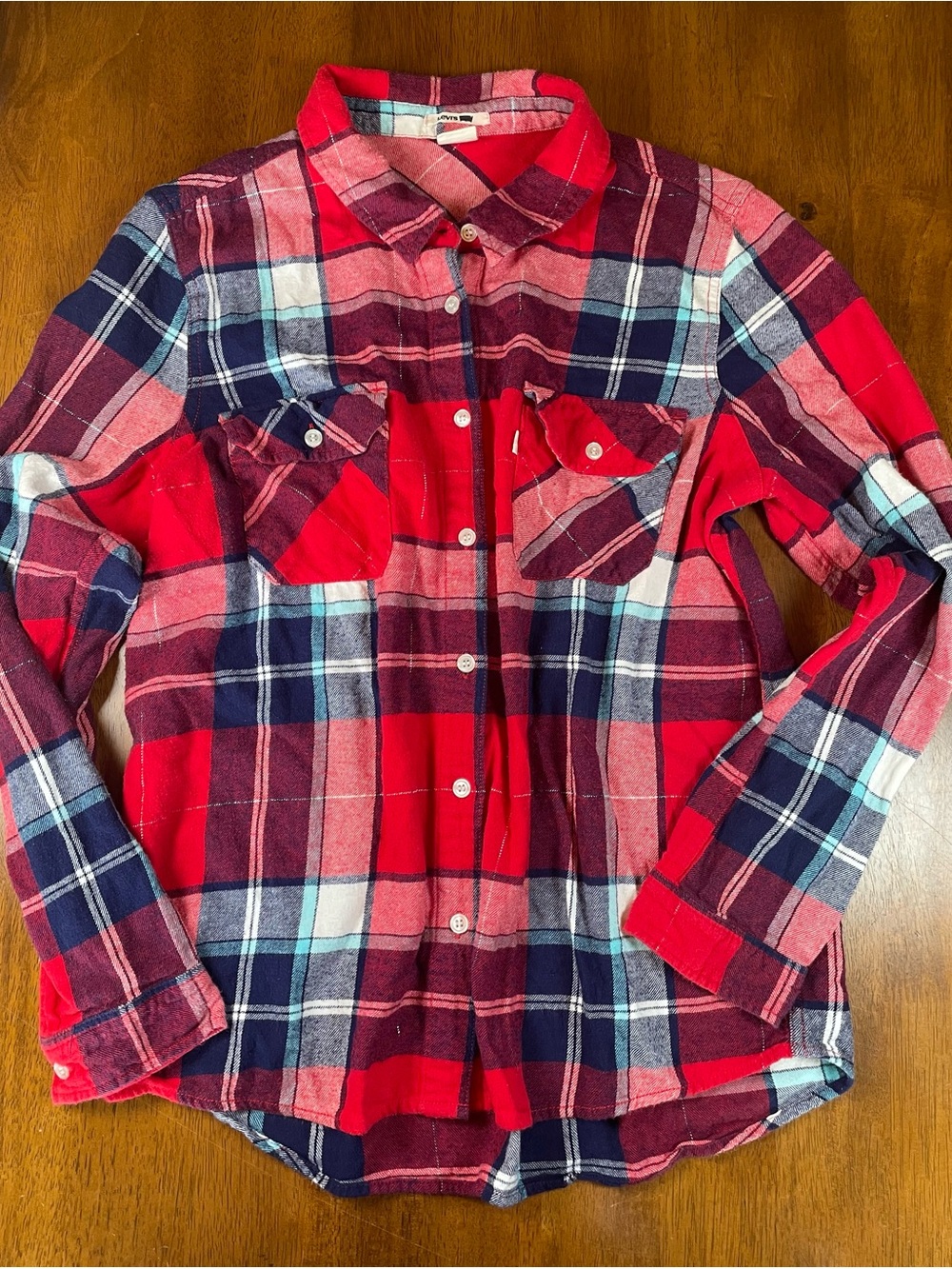 Levi's Women's Plaid Flannel Shirt w/ Silver Metallic Thread – Size Large